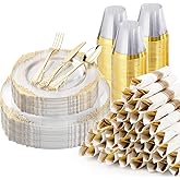 Bestluck 350PCS Clear Plastic Plates for 50 Guests, Disposable Dinnerware Sets Include 50 Gold Rim Plastic Plates, 25 Silverwares, 25 Cups, and 25 Pre Rolled Napkins for Party, Wedding and Graduation