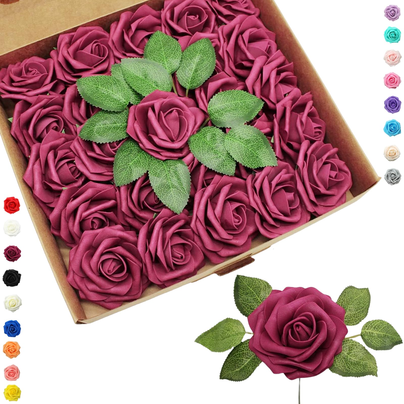 25pcs Faux Burgundy Roses Artificial Flowers Roses,Real Touch Foam Roses Fake Flowers Artificial Roses Bulk with Stem for Wedding Decor,Bridal Shower Crafts Home Baby Shower Valentines Day Decorations