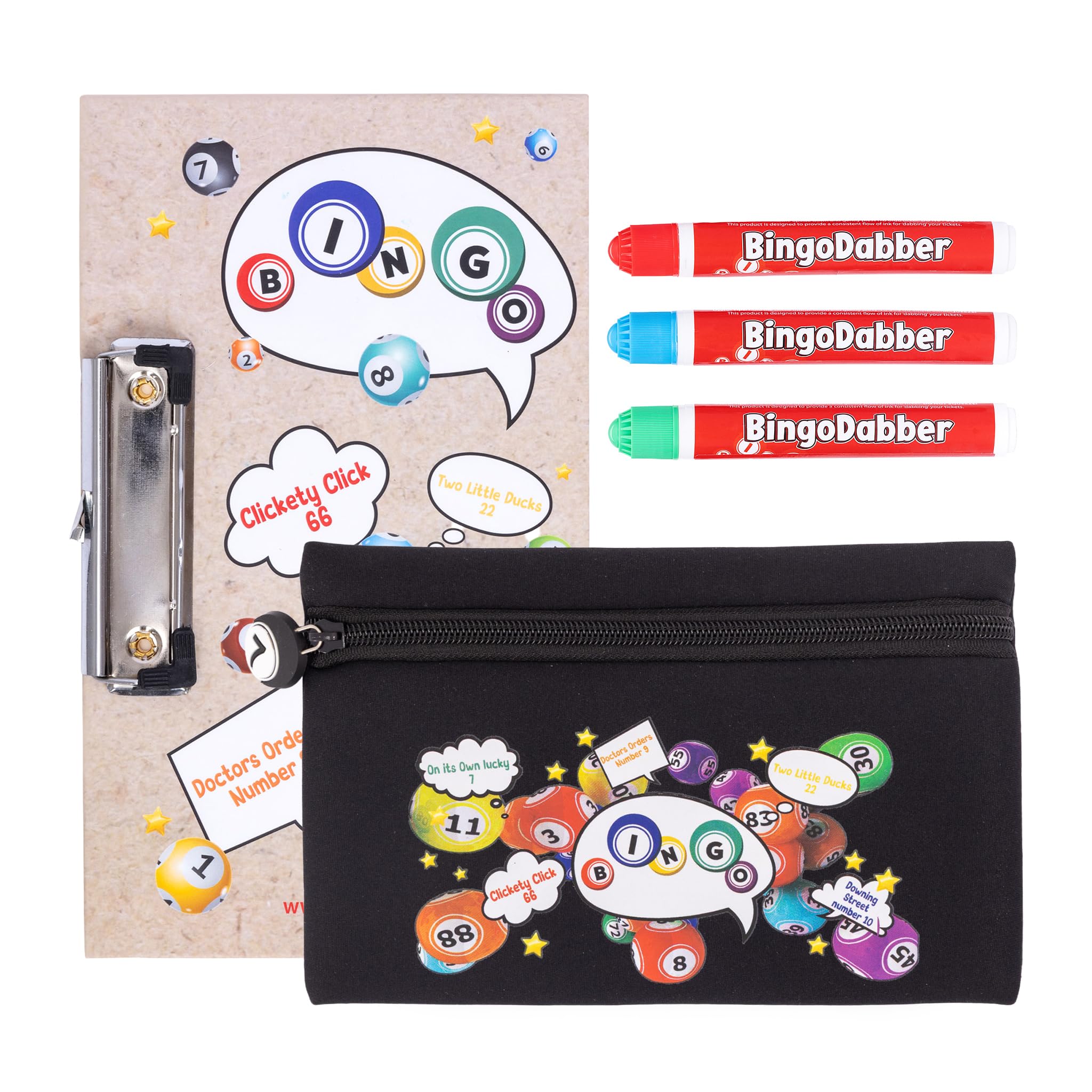 evelay Bingo Dabber Case Holder Gift Set | 3 Bingo Dabbers | 1 Bingo Board with Clip | Storage Bag with Lucky Number Zip Pull | Non-Drip Ink | 6 Colour Options for Bingo Lovers