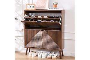 oakvivo Shoe Cabinet with 2 Flip Drawers, 31.5" Walnut Narrow Hidden Shoe Storage Cabinet, Freestanding Shoe Rack Organizer with Wooden Legs, Farmhouse Slim Shoe Storage for Entryway, Foyer, Hallway
