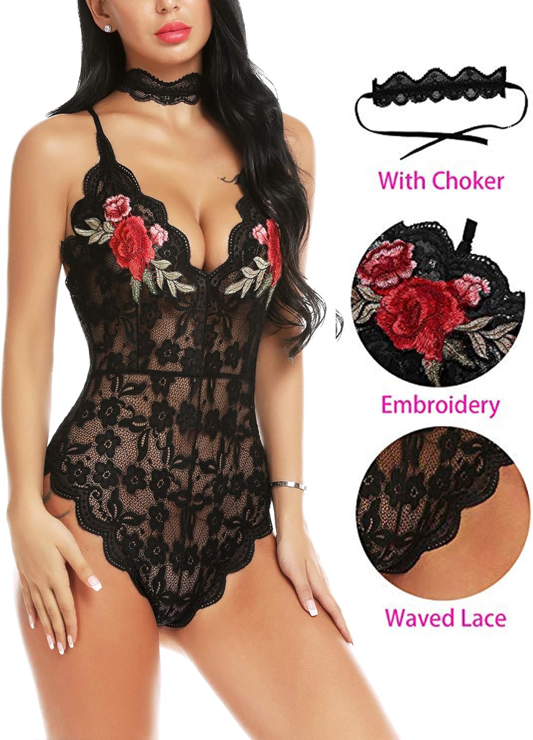 ADOME Women Lingerie Bodysuit Embroidered Lace Teddy with Choker One Piece Babydoll: Clothing
