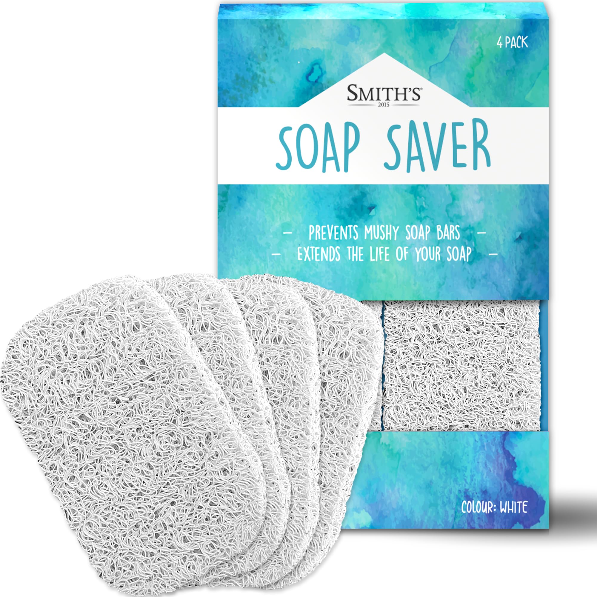 Soap Saver by Smith’s® | Extend Your Soap’s Life | 14 cm (L) x 8 cm (W) x 1.2 cm (H) | White / 4 Pack | 50% Thicker | Enhanced Design | Tested And Free of Harsh Chemicals | Trim To Any Size
