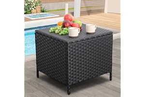 Lviden Outdoor Wicker Storage Side Table, Patio Black PE Rattan End Table with Storage, Square Container for Furniture Covers, Toys, and Gardening Tools