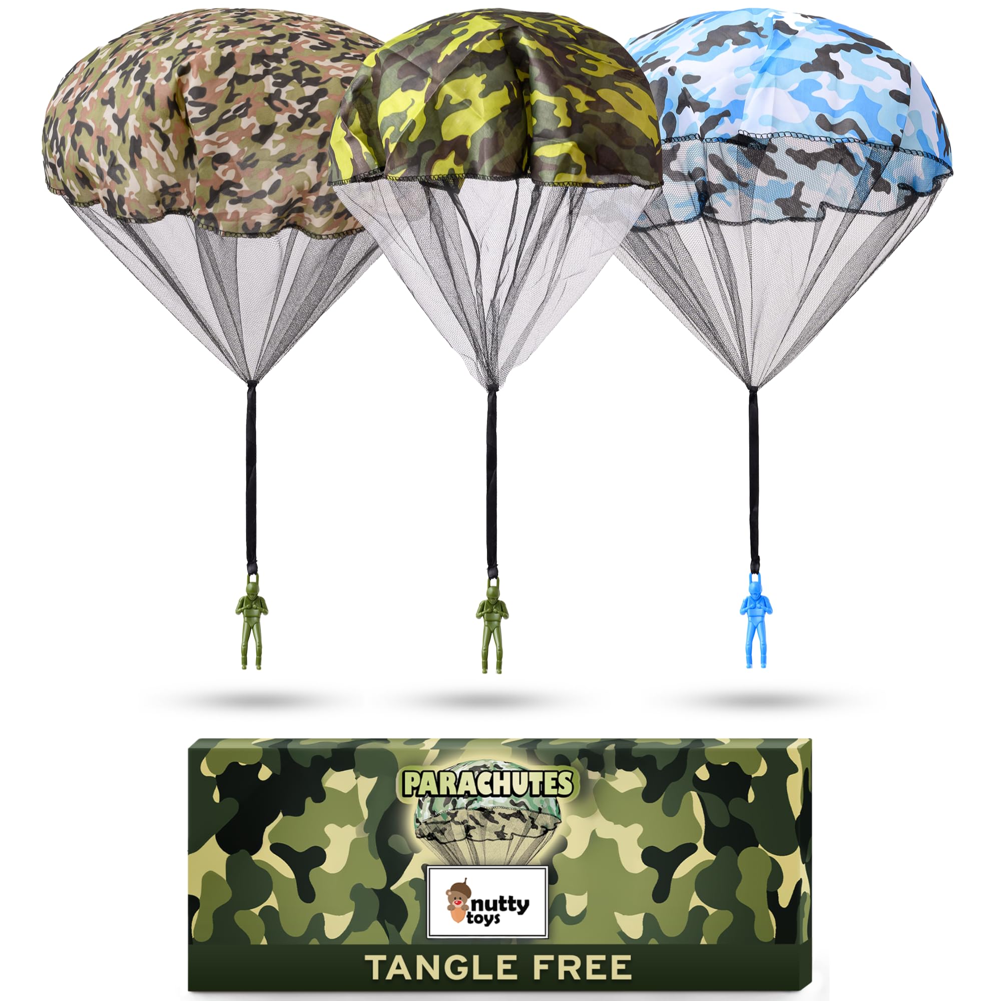 NUTTY TOYS Army Parachute Toys for Kids - Tangle Free Outdoor Flying Parachute Men, Best Small Outside Toys for 4 5 6 7 8 9 10 11 12 Year Old, Top Christmas Stocking Stuffers Idea 2026 Unique Boy Gift