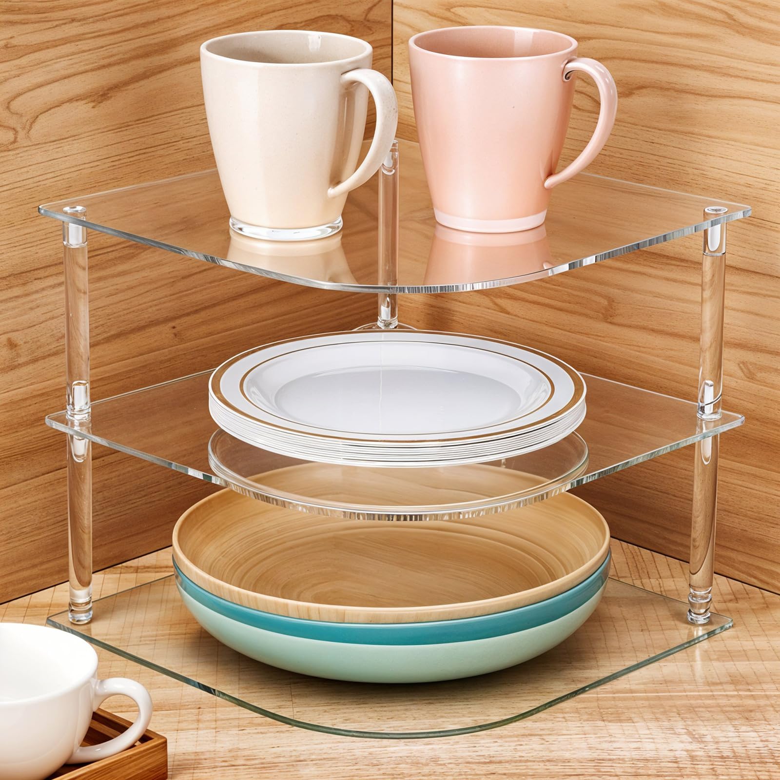 Photo 1 of 1 Pc Plate Organizer for Cabinet Space Saver - Clear Acrylic Corner Shelf for Dishes, Bowls - 3-Tier Kitchen Cabinet Plate Organization, Dinner Plates Holder, and Small Shelf for Bathroom Storage