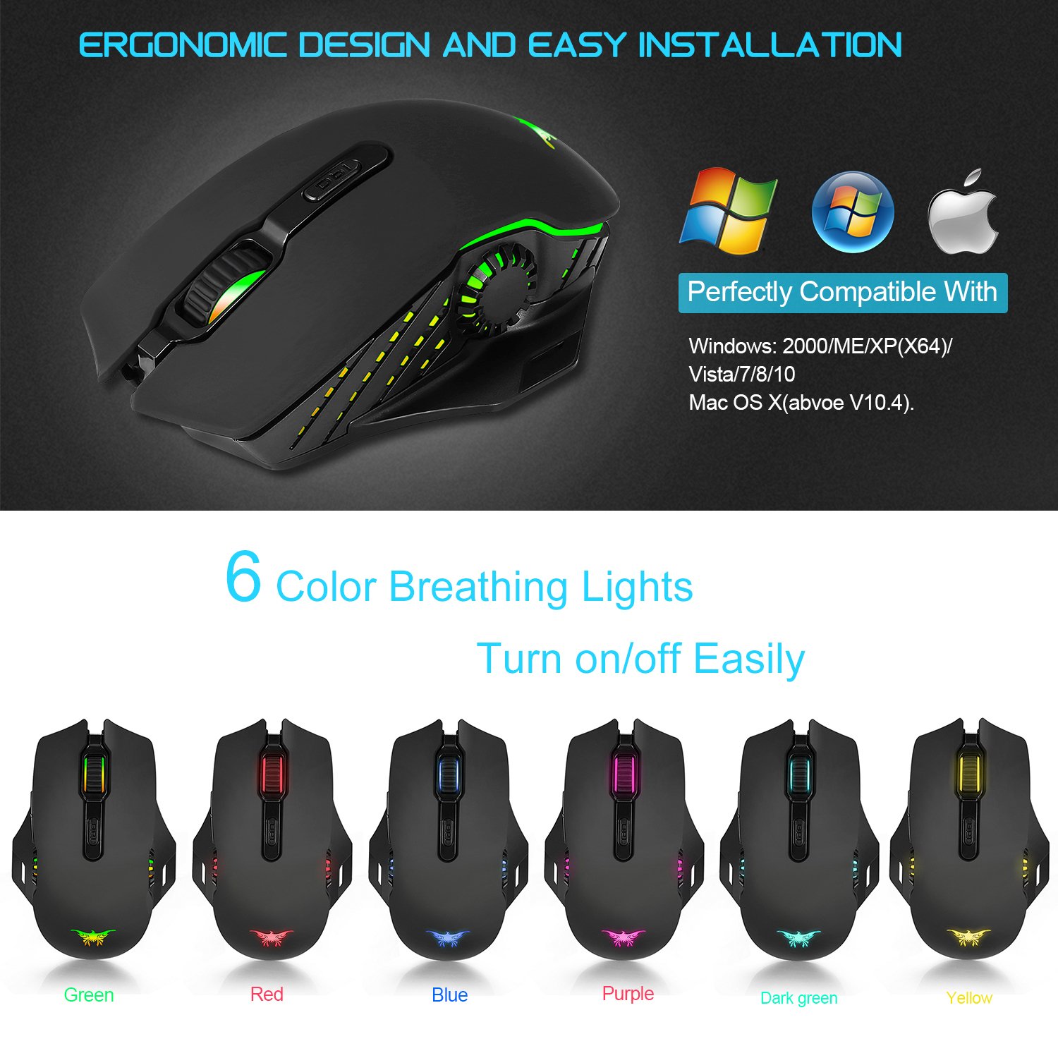 Wireless Wired Gaming Mouse,Dual-mode 2.4GHz Rechargeable Optical Mice with USB Receiver,6000 DPI 6 Adjustable DPI Levels,6 Color Breathing Lights for Laptop PC Mac Pro and Computer(Black)