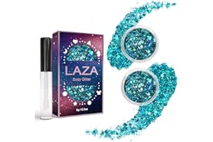 Laza Body Glitter, 2 Jars Holographic Chunky Sequins with Glitter Glue Perfect for Women Eyeshadow Makeup Face Paint Festival Rave Outfits Hair Accessories Carnival Party Costumes - Cyan Blue