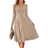 Lazysmile Long Sleeve Fall Winter Dresses for Women V Neck Button Down A Line Swing Casual Knit Sweater Dress