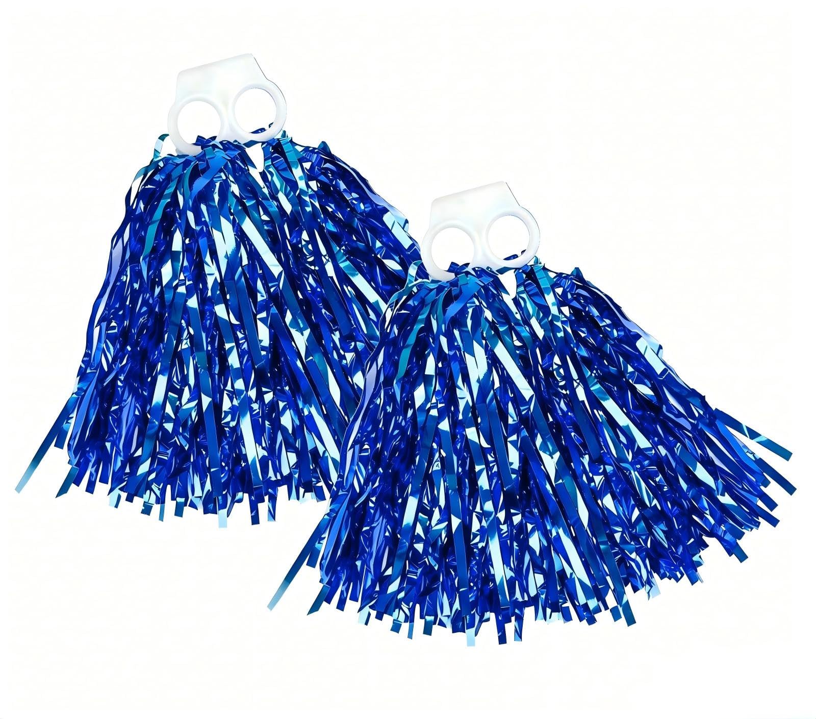 2 Pack Metallic Fluffy Cheerleading Pom Poms Ultra Shining Metallic Foil Cheerleader Pompoms Handheld Cheerleader Pompoms with Plastic Finger Ring for Team Spirit Sports Party Dance Cheering (Blue)