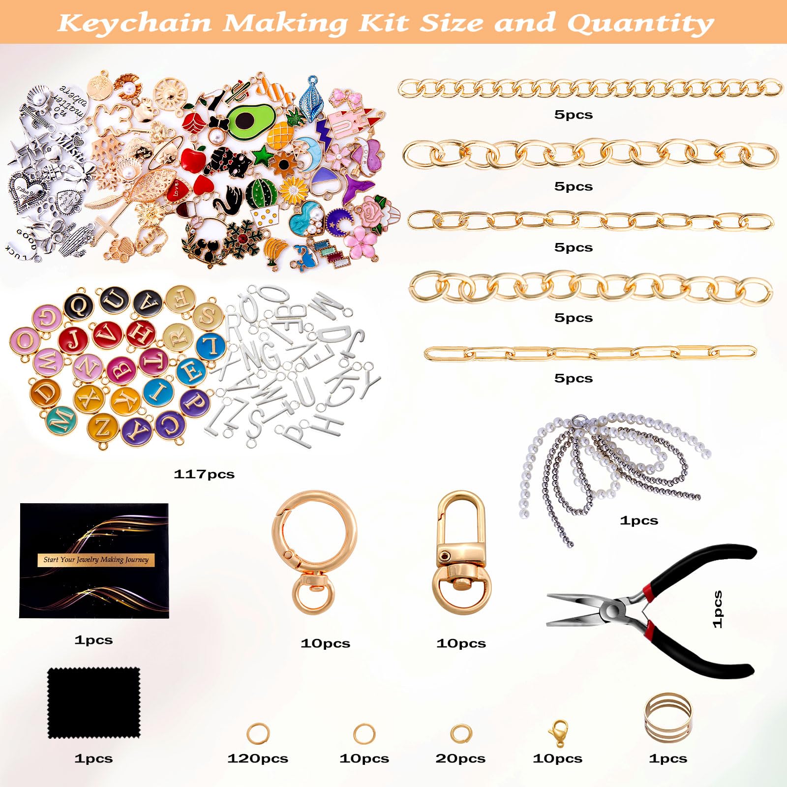 Wurosi 325Pcs Keychain Making Kit, Including 20 Keychain Clips 25 Extender Chain 118 Charms Jewelry Plier, Bag Charm Kit, Keychains Making Supplies for DIY Crafting and Jewelry Making