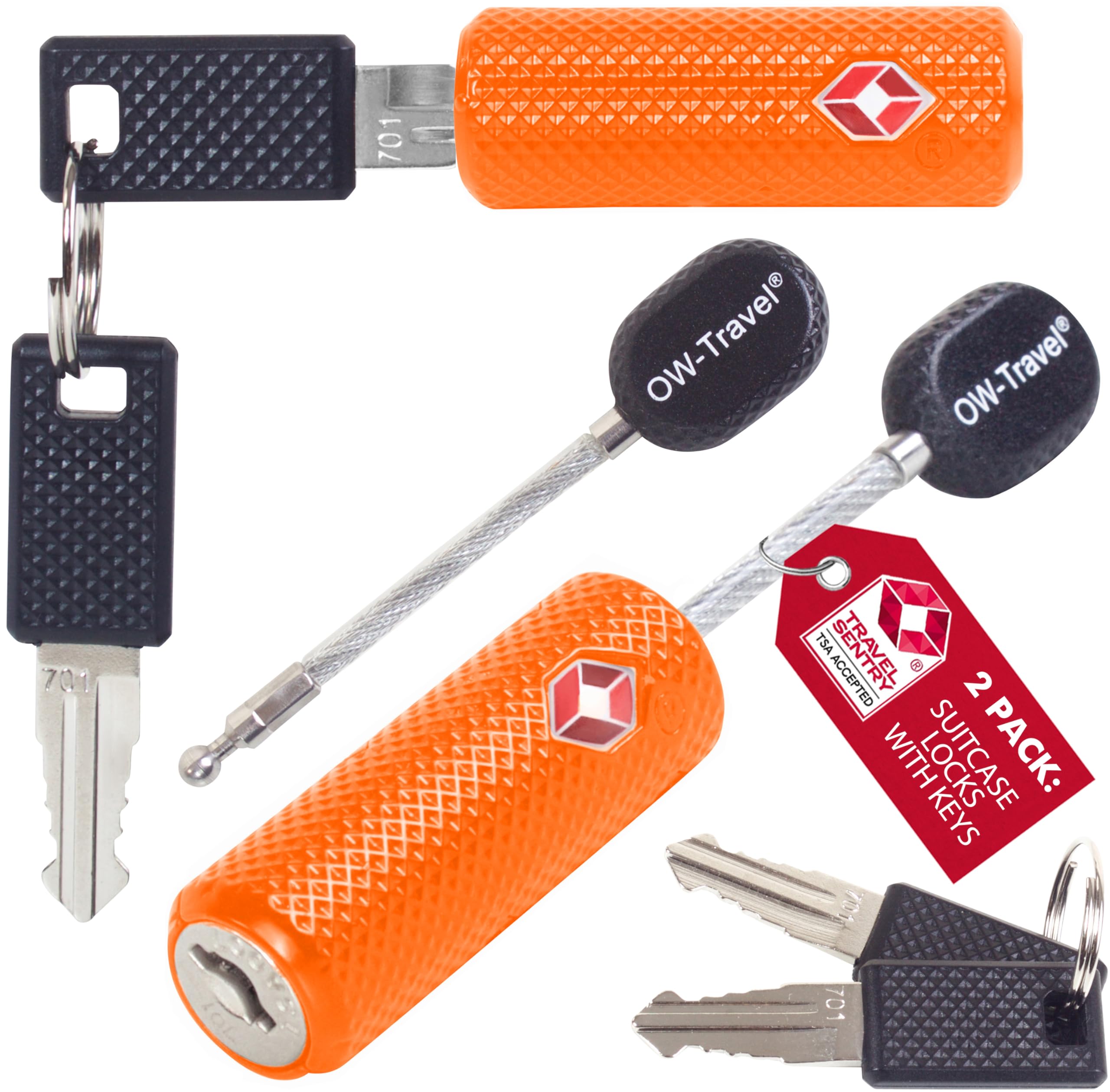 OW-Travel TSA Approved Luggage Locks Suitcase Locks with Keys (2 Pack Orange) Flexible Cable Travel Padlock Bag Small Padlock. Luggage Padlocks for Suitcases. Mini Wire TSA Suitcase Padlocks with Keys