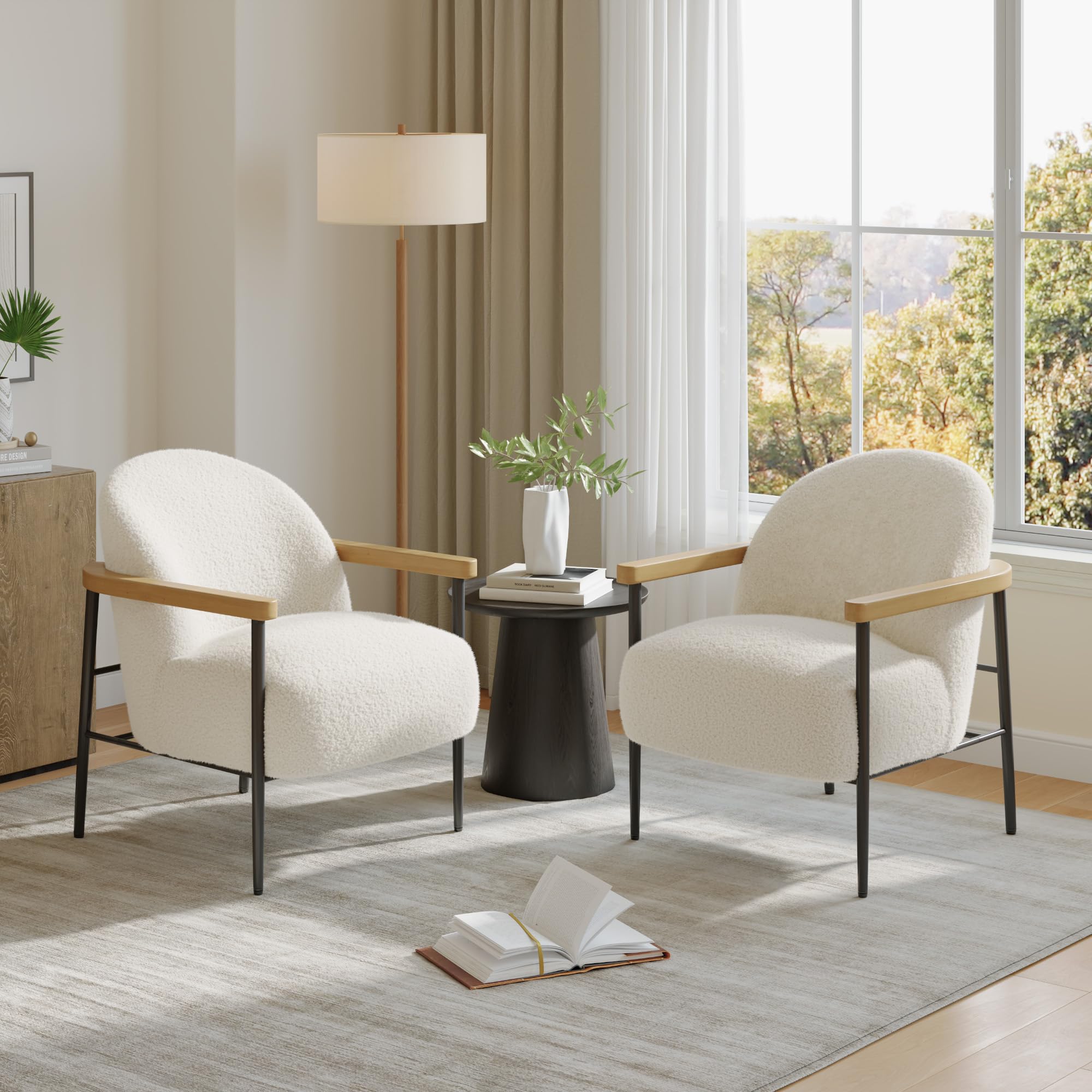 Photo 1 of **missing parts** IDEALHOUSE Comfy Chair Set of 2, Modern Accent Chair with Teddy Fabric, Wood Arms, Metal Frame and Adjustable Feet, Mid Century Modern Chair for Living Room,Bedroom, Office, White