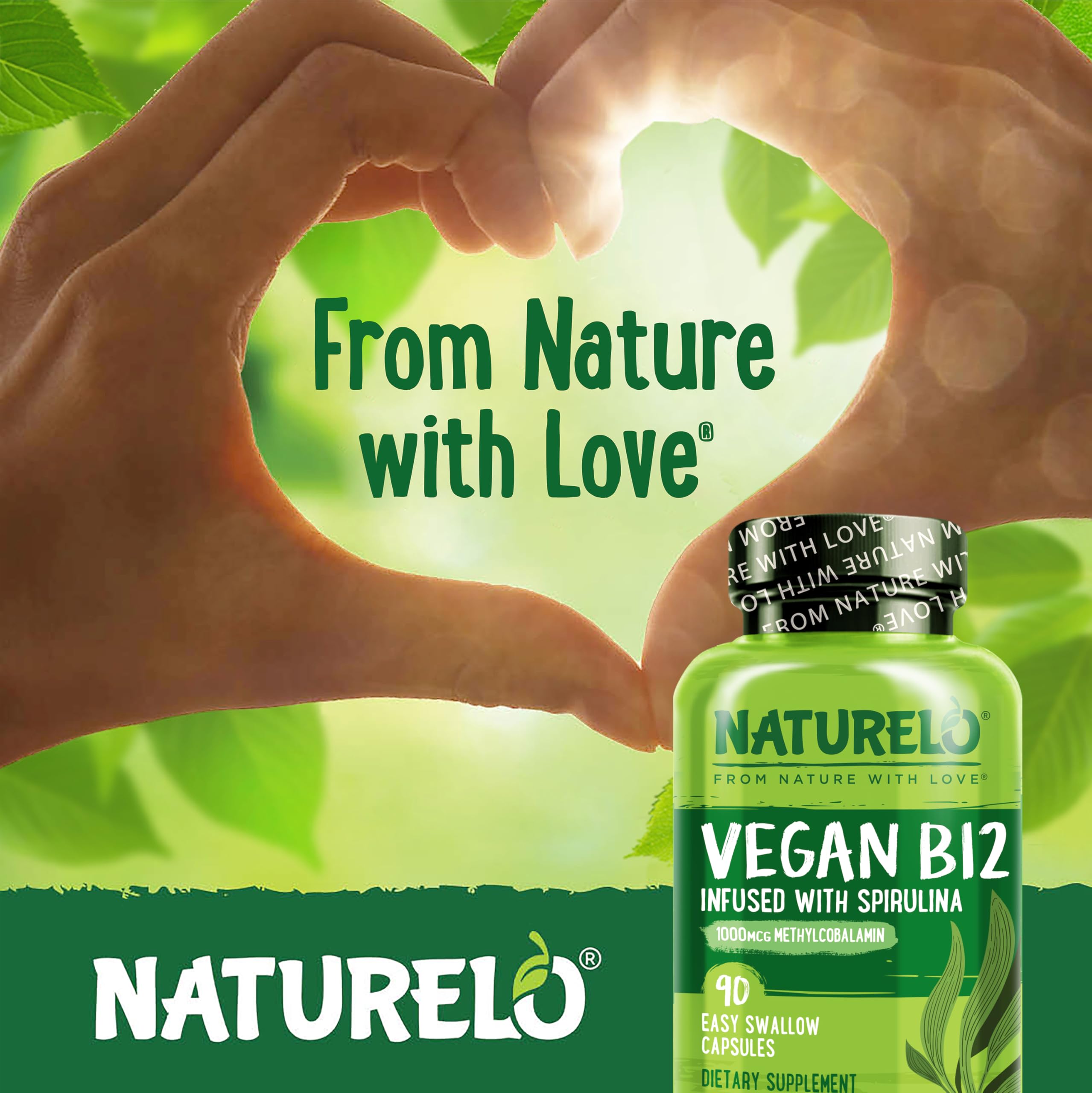 NATURELO Vegan B12 - Methyl B12 with Organic Spirulina - High Potency Vitamin B12 1000 mcg Methylcobalamin - Supports Healthy Mood, Energy, Heart & Eye Health - 90 Capsules