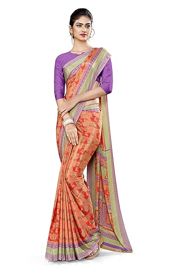 Uniform Sarees Corp Womens Polyester Multi Print Premium Italian Silk Crepe for Showroom Saree with Blouse (Orange)