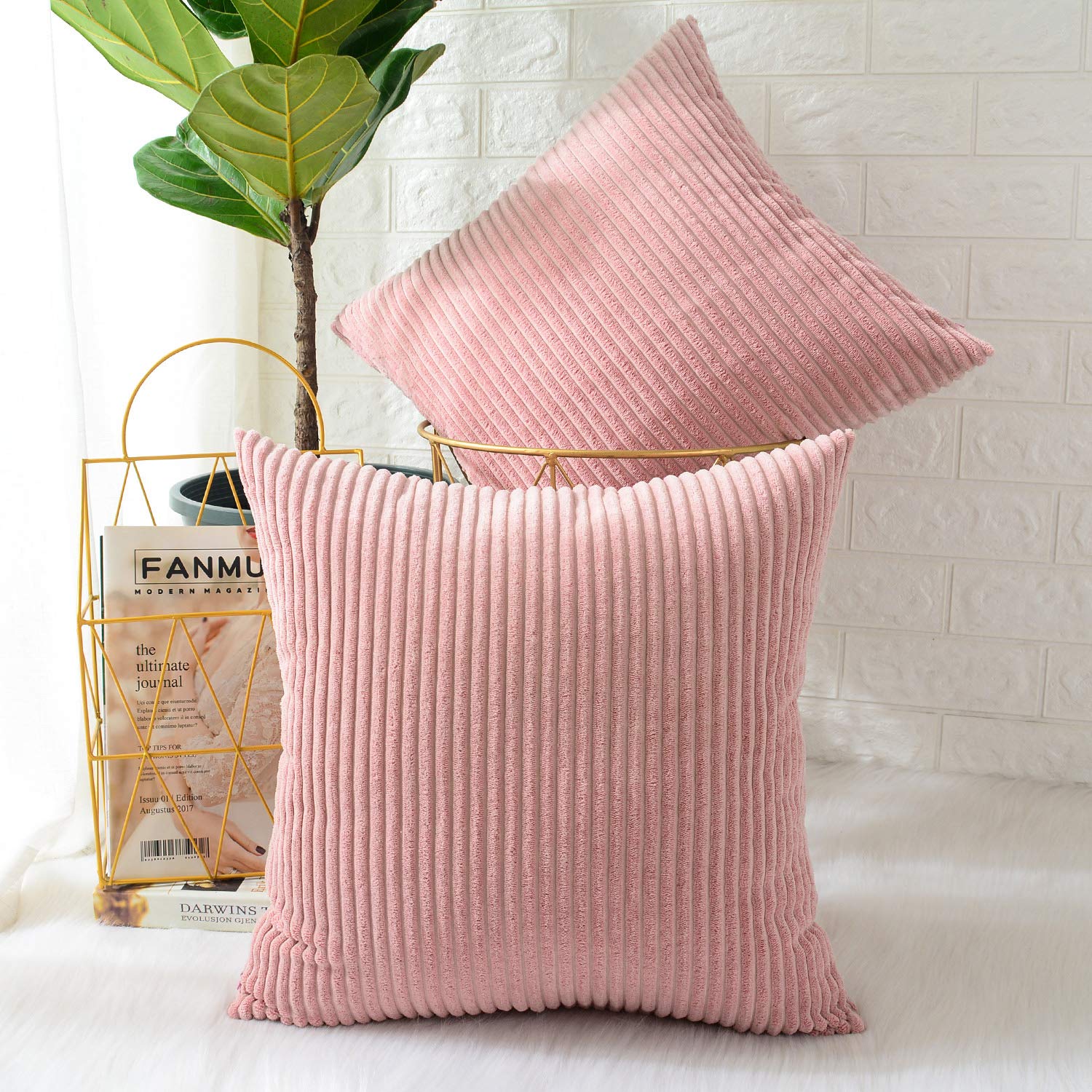 Photo 1 of MERNETTE Pack of 2, Corduroy Soft Decorative Square Throw Pillow Cover Cushion Covers Pillowcase, Home Decor Decorations for Sofa Couch Bed Chair 24x24 Inch/60x60 cm (Striped Peach Pink)