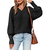 Saodimallsu Womens V Neck Batwing Sweaters Long Sleeve Chunky Ribbed Knit Fall Trendy Loose Pullover Sweater Tops