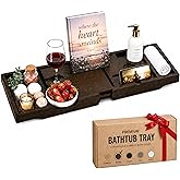 Bamb&uuml;si Bathtub Tray for Tub - Brown Bamboo Bath Tray, Expandable Wooden Bath Caddy Tray with Wine Holder, Book and Tablet Stand, Bathroom Accessories, Tub Table, Spa Bath Gifts for Women and Couples