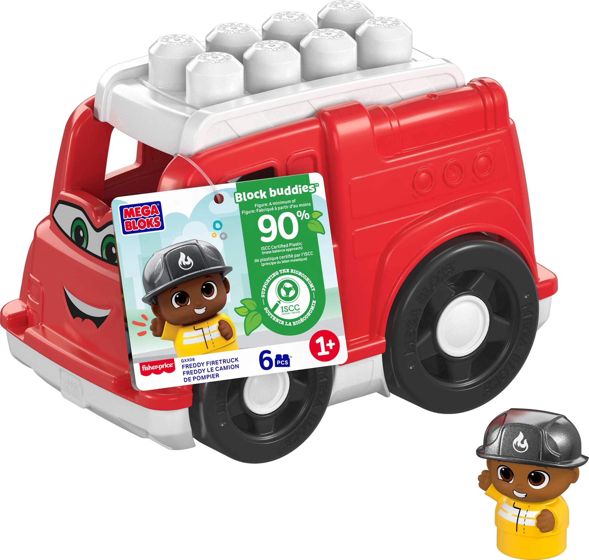 Mega Bloks First Builders Toddler Building Blocks Toy Set, Freddy Firetruck with 6 Pieces and Storage, 1 Figure, Red, Ages 1+ Years, GXX08