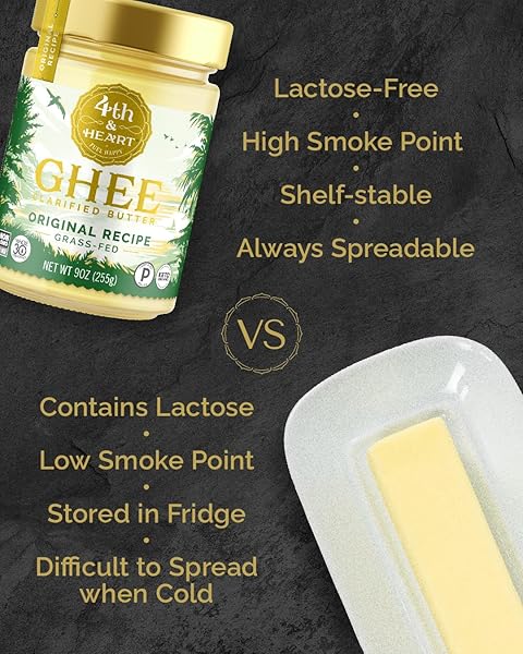 4TH & HEART VANILLA BEAN GRASS-FED GHEE, CLARIFIED BUTTER, 1:1 BUTTER SUBSTITUTE, PASTURE-RAISED, LACTOSE & CASEIN FREE, 16 OZ
