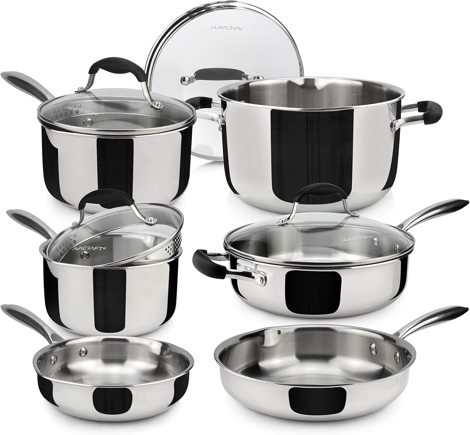 AVACRAFT 18/10 Stainless Steel Premium Multiclad Pots and Pans Set, Stainless Steel Cookware Set, Tri-Ply Body Stainless Steel Pan Set, 10-Piece Set