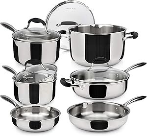 AVACRAFT 18/10 Stainless Steel Premium Multiclad Pots and Pans Set, Stainless Steel Cookware Set, Tri-Ply Body Stainless Steel Pan Set, 10-Piece Set