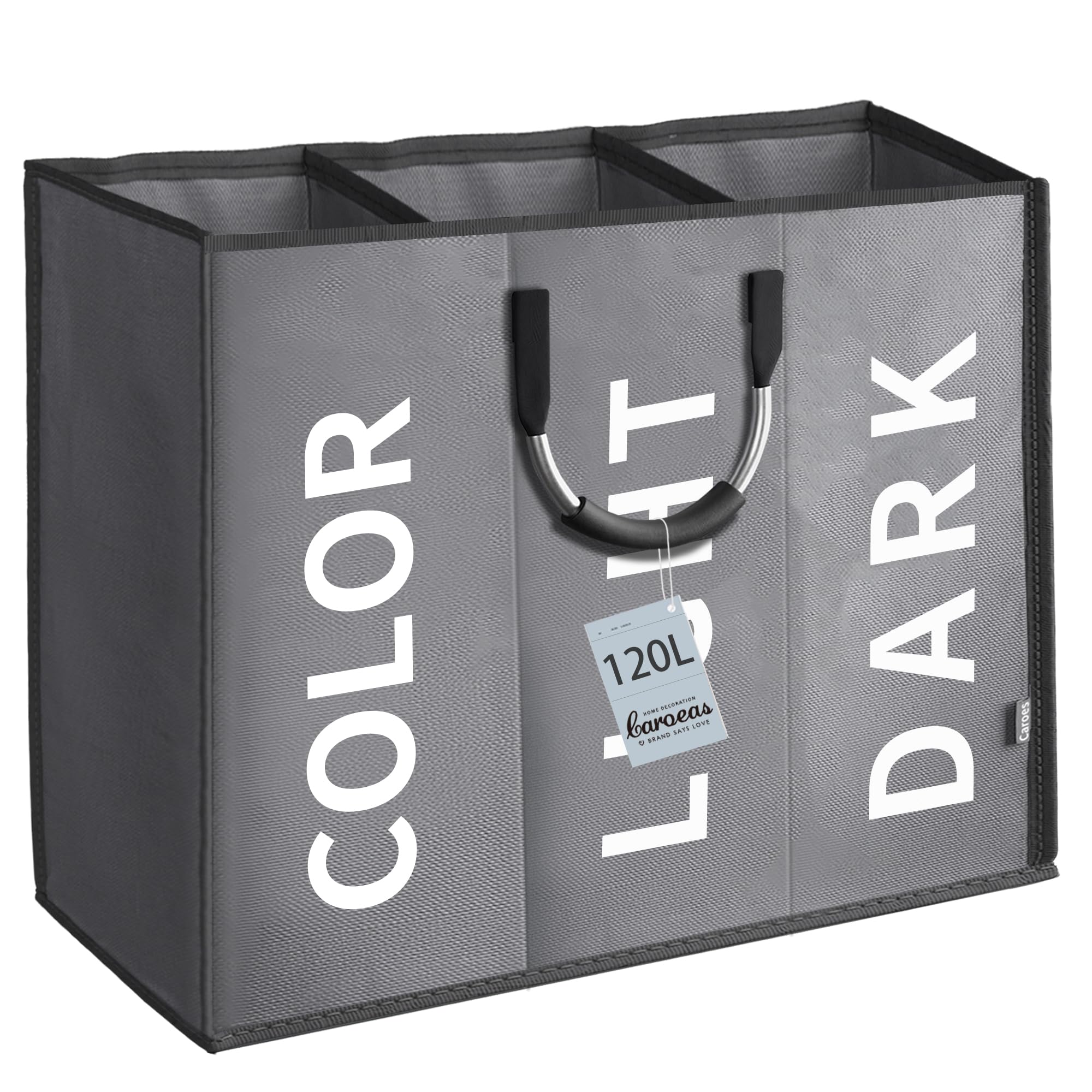 Caroeas 120L Collapsible Laundry Basket, Foldable Waterproof Washing Basket 3 Sections with Handles, Slim Laundry Bin for Laundry Room Bedroom (Dark Grey)