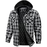 CHEXPEL Flannel Jackets for Men Long Sleeve Plaid Shirt Jacket Quilt Lined Hooded with Button Down Winter Coat