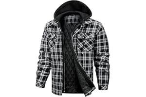 CHEXPEL Flannel Jackets for Men Long Sleeve Plaid Shirt Jacket Quilt Lined Hooded with Button Down Winter Coat