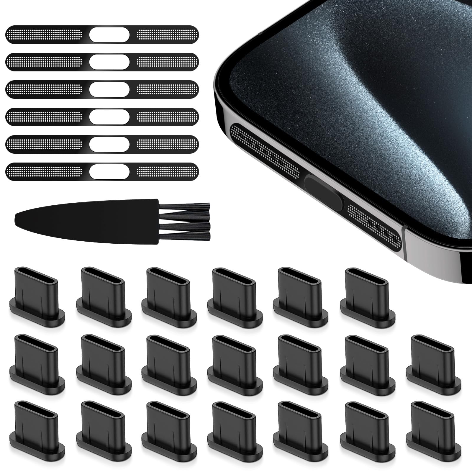 VIWIEU USB C Dust Plug Port Cover Protectors 20 PCS with Phone Speaker Cover Bumper Stickers 6 PCS Compatible for iPhone 17, iPhone 15/16/16 Plus/16 Pro/16 Pro Max with Cleaning Brush Accessories