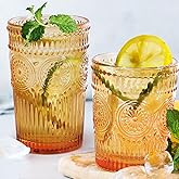 Loivttvv 12pcs Vintage Drinking Glasses Set, 12 oz Highball Glasses & 9 oz Embossed Ribbed Glassware Cups for Thanksgiving Cocktail, Juice, Coffee, Whiskey (Amber)