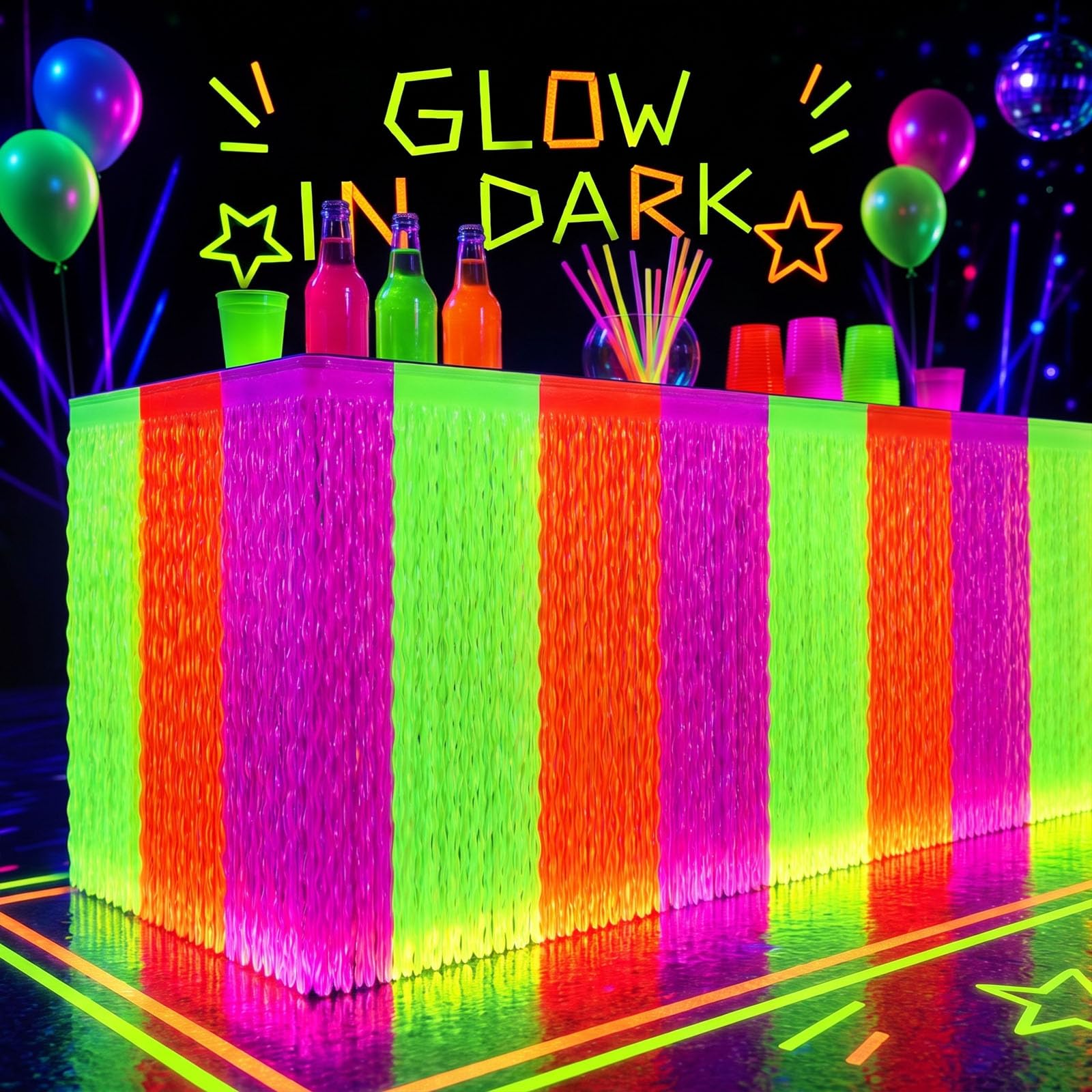 LovesTown 2 Pack Neon-Themed Table Skirts with 2 Fluorescent Tapes
