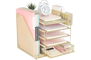 gianotter 5-Tier Paper Letter Tray Organizer with File Holder, Desk Organizer with Drawer and Pen Holder, Mesh Desktop Storage with Magazine Holder for Office Supplies (Gold)