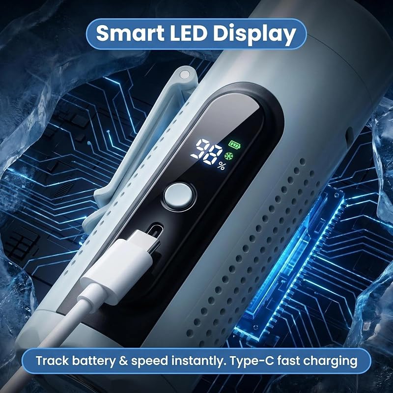 Mini Ventilateur Portable 3 en 1 à Main Rechargeable avec Plaque Rafraîchissante, 5 Vitesses, Écran LED, USB-C, Support, Clip Ceinture et Lampe pour Voyage Bureau Maison (Bleu) — photo 7 sur 8