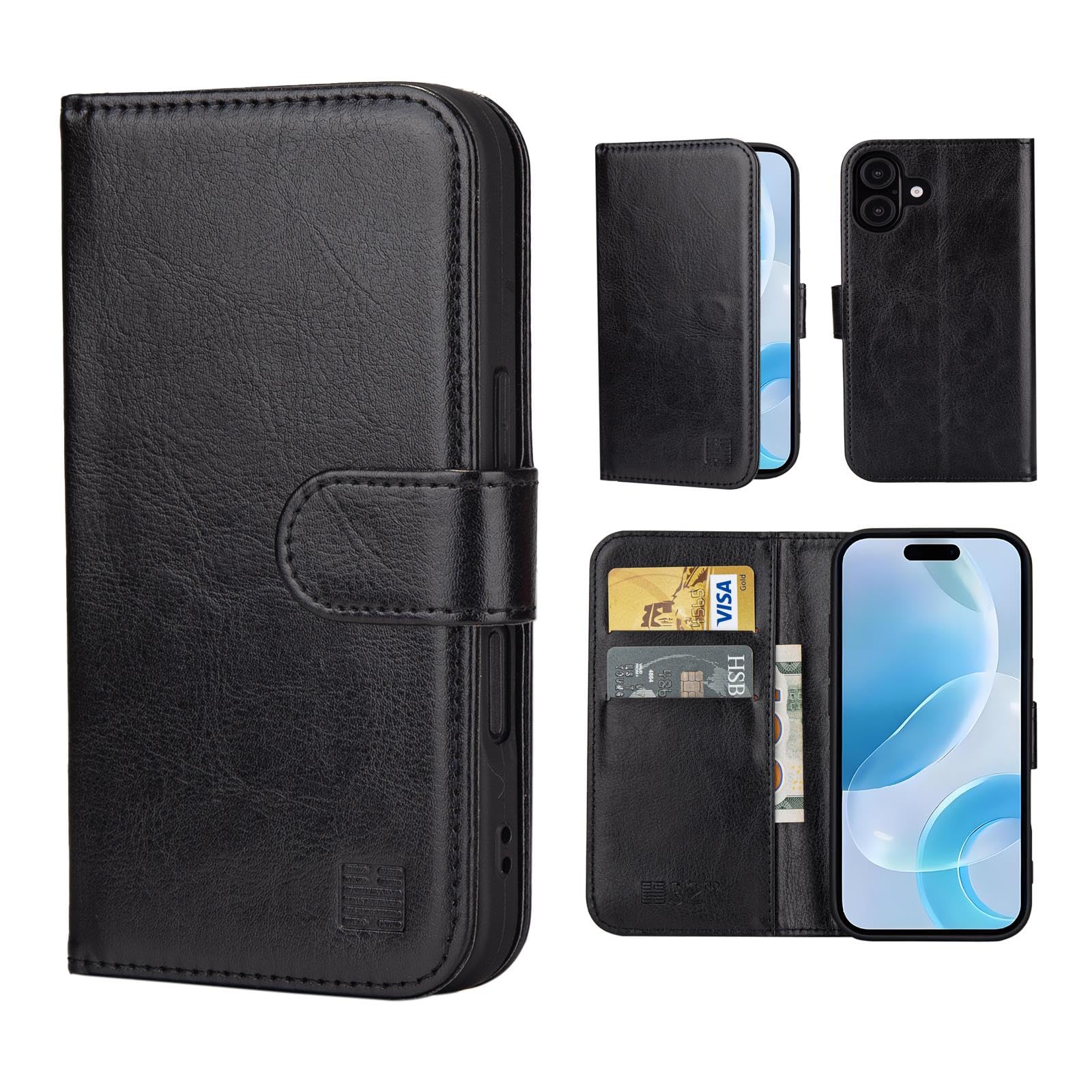32nd Book Wallet PU Leather Case Cover for iPhone 16 (6.1"), Flip Case With RFID Blocking Card Slots, Magnetic Closure and Built In Stand - Black