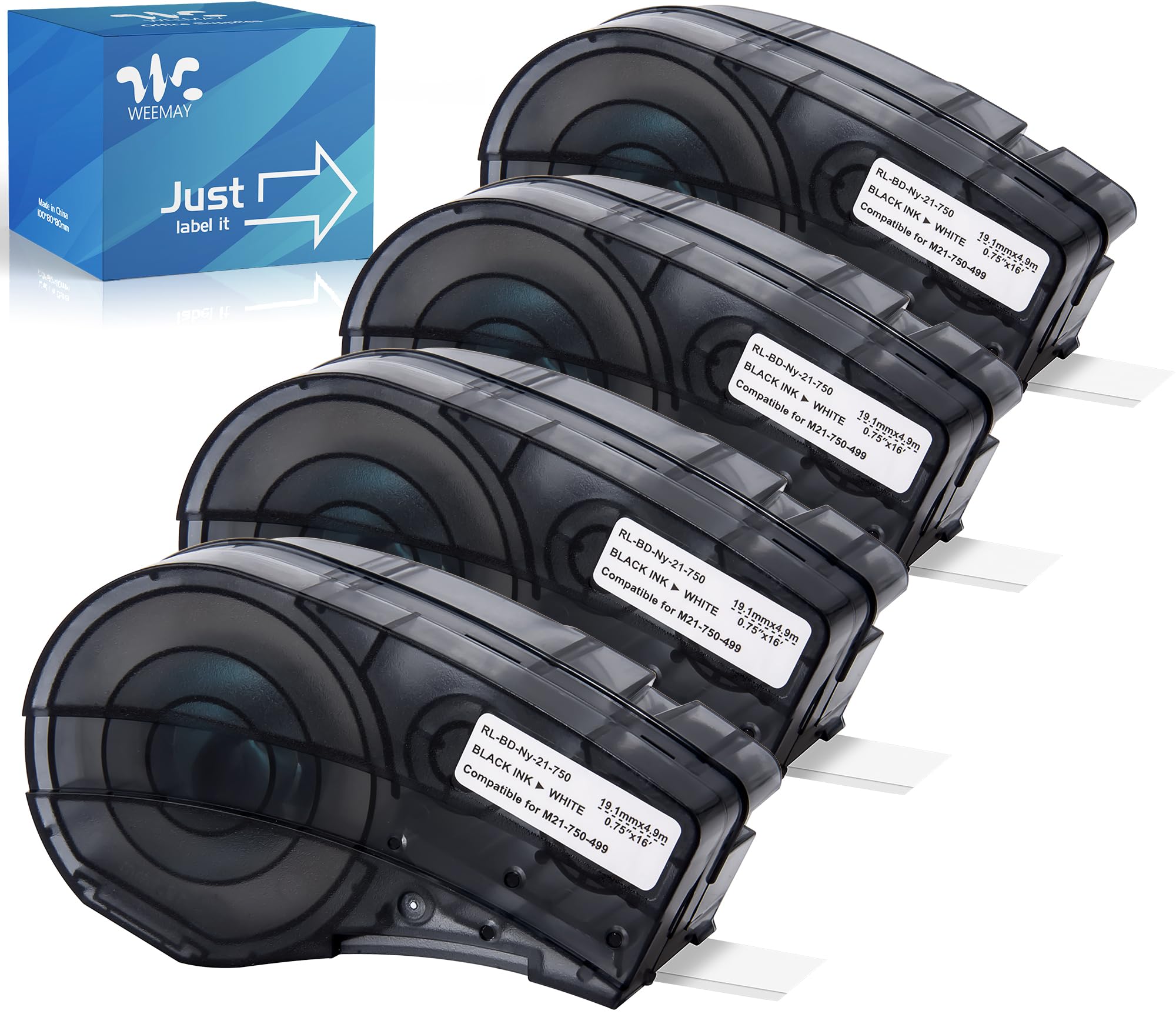 Photo 1 of Weemay Nylon Cloth Label Tape Compatible for M21-750-499 Nylon Cloth Wire and Cable Wraps, 3/4 Inchs High Adhesion Black on White Ribbon, 0.75" W x 16' L, 4 Pack, Not Compatible with M210 and M211