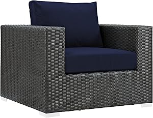 Modway Sojourn Wicker Rattan Outdoor Patio Sunbrella Fabric Armchair in Canvas Navy