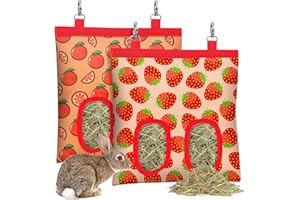 SKYJORMY 2PCS Rabbit Hay Feeder,Bunny Hay Bag for Rabbits,Rabbit Feeder Fabric Bag Feeder Bag,2 Holes 600D Oxford Cloth Fabric Hanging Hay Feeder Bag for Small Animal,Hay Guinea Pig(Strawberry&Orange)