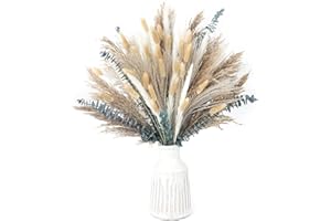 120 PCS Dried Pampas Grass Decoration, Pampas Grass with Preserved Eucalyptus Leaves Dried Flowers, Reed Grass Bouquet for Bohemian Flowers Home Table Wedding Decoration, Rustic Farmhour.(light brown)