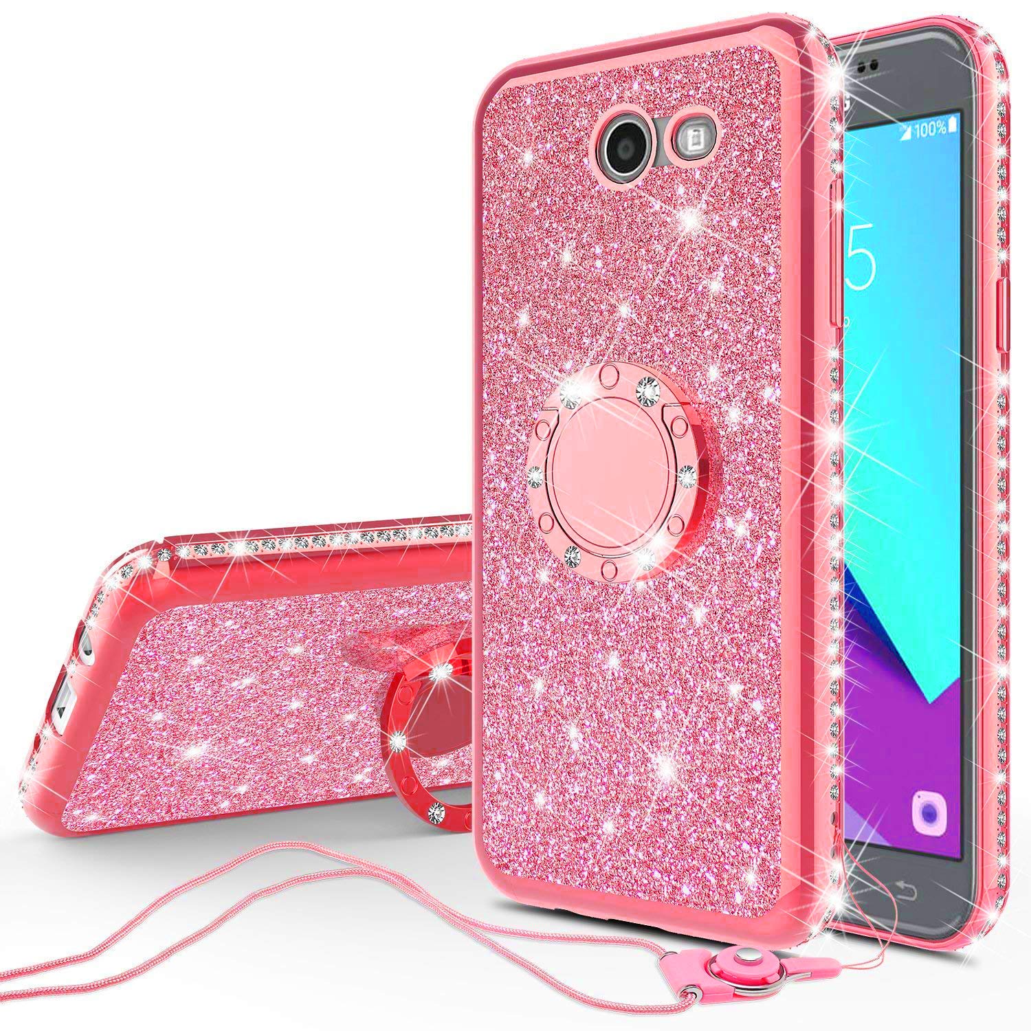 Compatible for Samsung Galaxy J3 Eclipse/J3 Mission/Galaxy J3 Emerge,Galaxy J3 Prime 2017/Galaxy Luna Pro/Galaxy Sol 2/Amp Prime 2 Case Rhinestone Glitter Diamond Cover with Ring Stand - Red