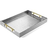 ATZYmolin 17" x 12" Wood Serving Tray with Gold Polished Metal Handles, Home Decorative Wooden Rectangle Ottoman Leather Decor Platter Bathroom Vanity Tray for All Occasions Alligator Silvery