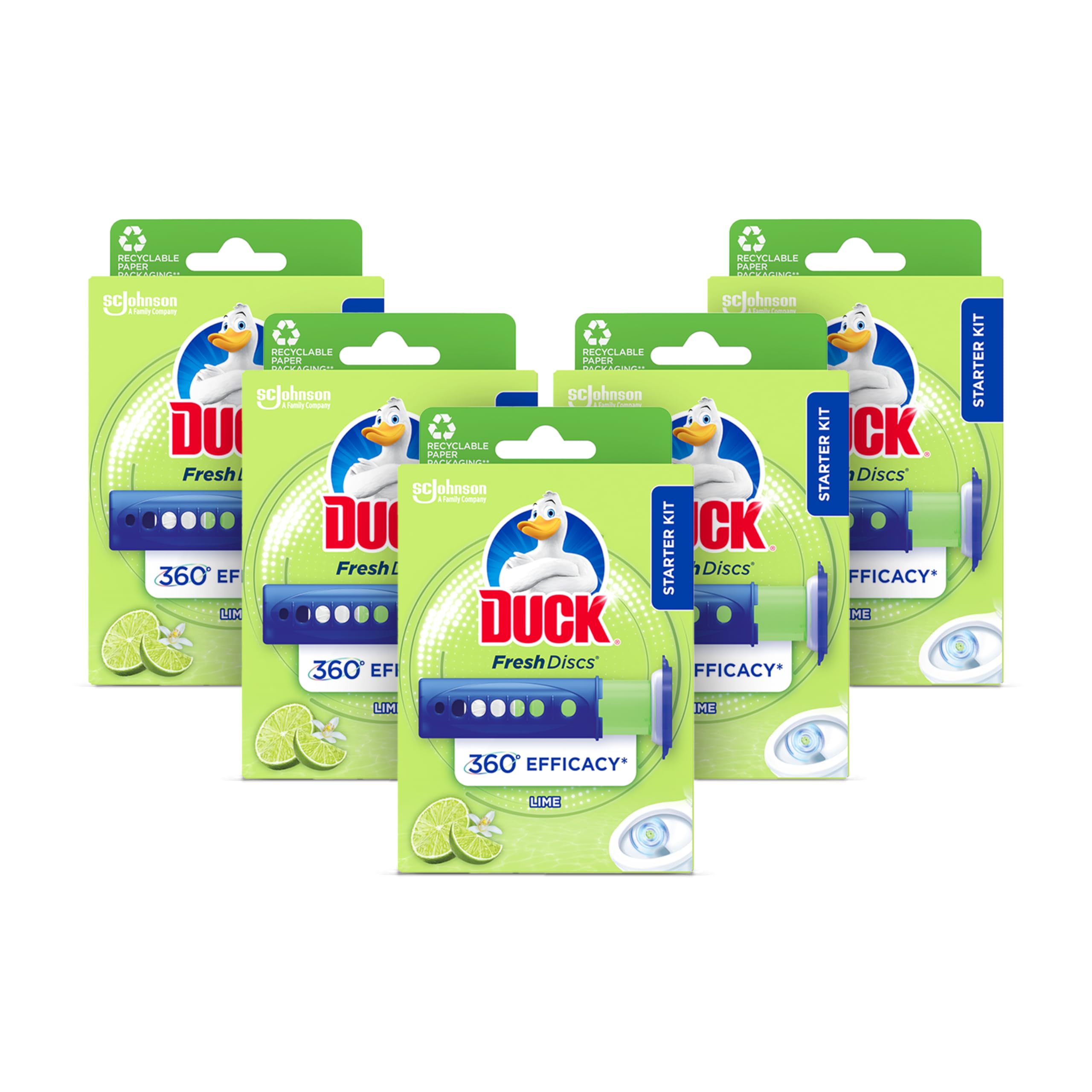 Duck Fresh Discs Toilet Cleaner Starter Kit, Fights Stains That Harbour Germs, Prevents Limescale Build Up, Lime, Pack of 5 (Each Kit contains 1 Holder + 1 Refill Tube)