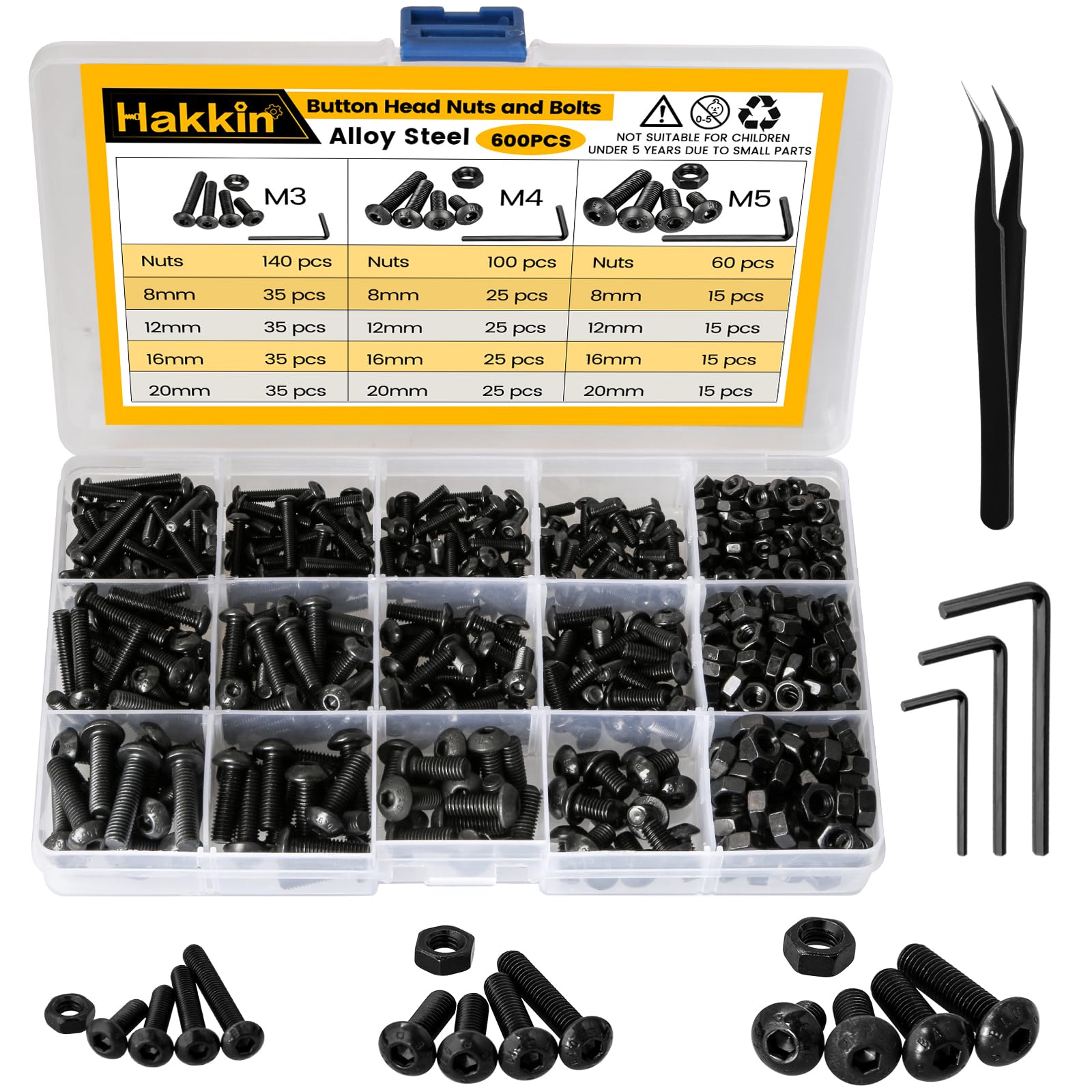 Hakkin 600Pcs Nuts and Bolts M3 M4 M5 Fully Threaded Button Head Hex Socket Screws 10.9 Grade Alloy Steel Pan Head Black Hex Socket Screws Bolts and Nuts Kit Assorted Nut and Bolt Kit with 3 Wrench