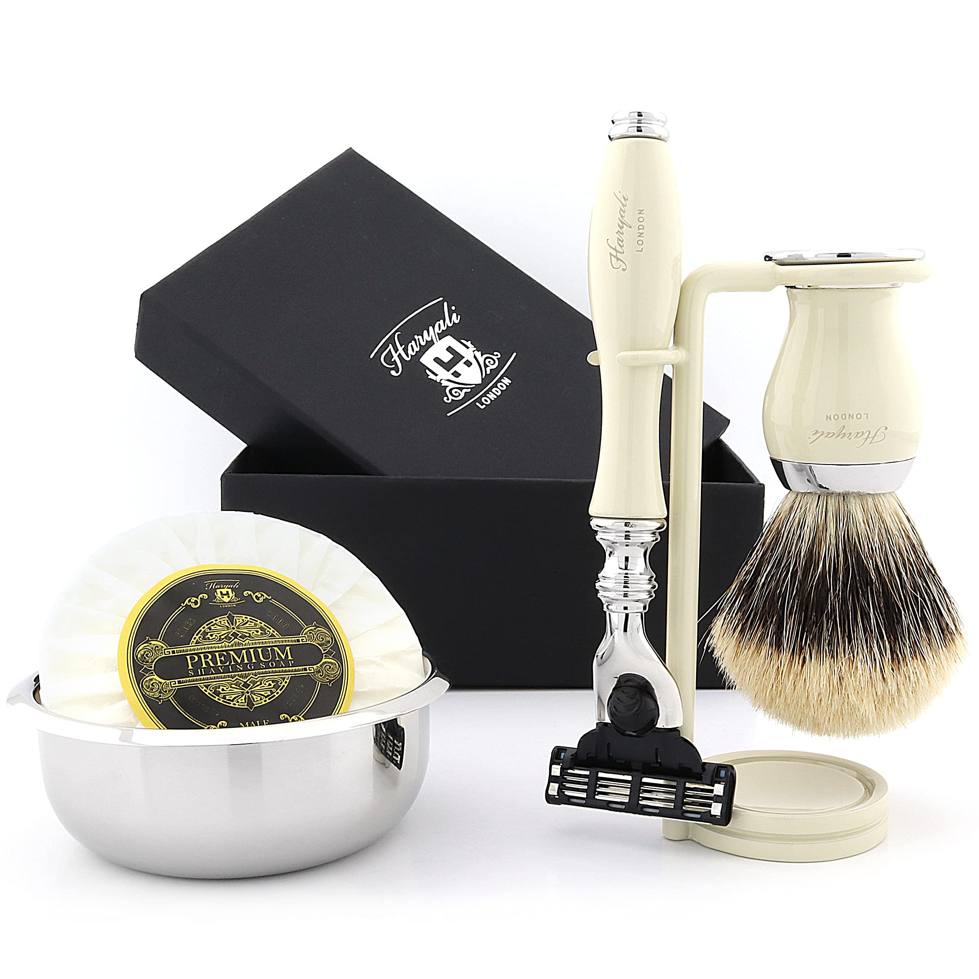 Haryali London Mens Shaving Kit 3 Edge Razor with Pure Black Badger Hair Shaving Brush, Stainless Steel Stand and Alum Stick Perfect Set