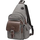 SUIKIHUM Canvas Sling Bag for Women Men, Crossbody Backpack Vintage, Shoulder Bag W/Leather Accents for Outdoor Cycling Hiking Travel, Grey