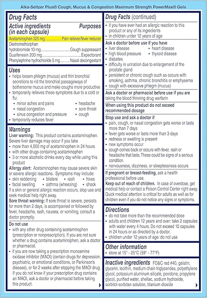 ALKA-SELTZER PLUS MAXIMUM STRENGTH COUGH, MUCUS & CONGESTION POWERMAX LIQUID GELS, FAST AND EFFECTIVE CHEST CONGESTION RELIEF, COUGH SUPPRESSANT, FOR ADULTS AND CHILDREN 12 YEARS AND OLDER 24 COUNT