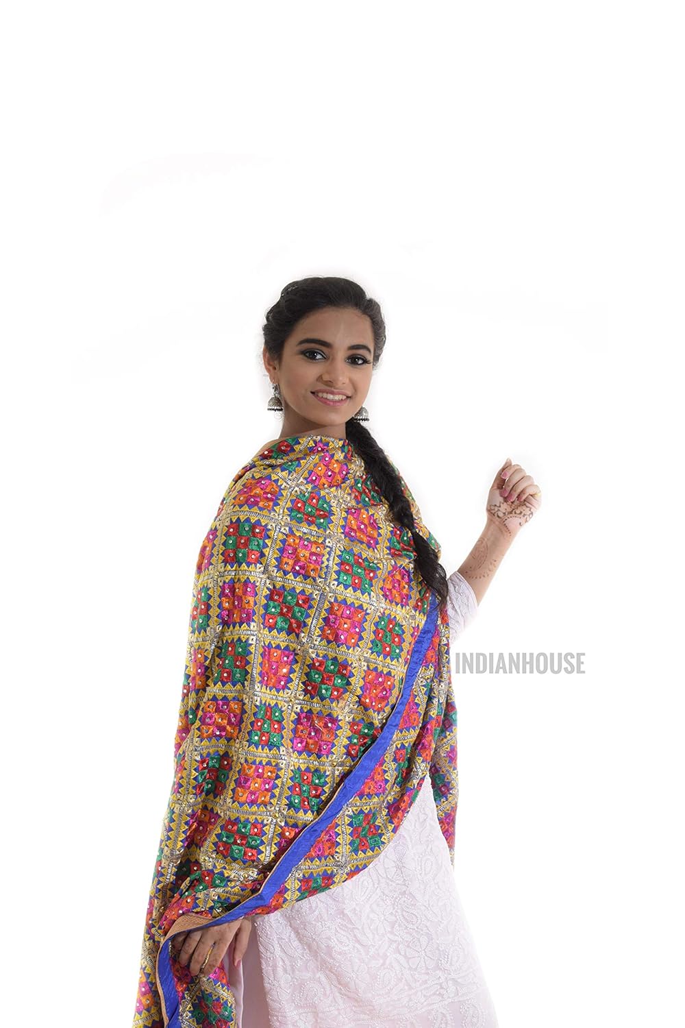 indian house women's chinnon phulkari saree (kaanta1050, blue)