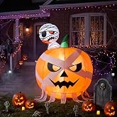 Halloween Pumpkin Inflatables 4FT Outdoor Yard Decor | Lighted Blow Up Pumpkin with Mummy, Built-in LED Lights, Ideal for Lawn, Garden, Porch, Halloween Parties