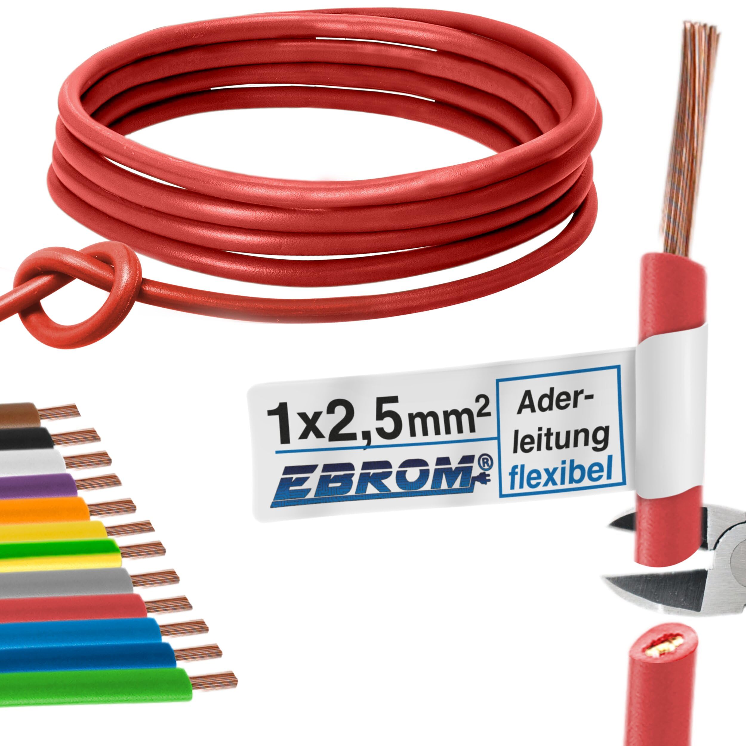 Core Cable Wiring Cable – Single Core Flexible PVC Cable – H07V-K 2.5 mm² – Colour: Red – Many Lengths Available in 5 Metre Increments, Length: 15 m 2.5 mm²