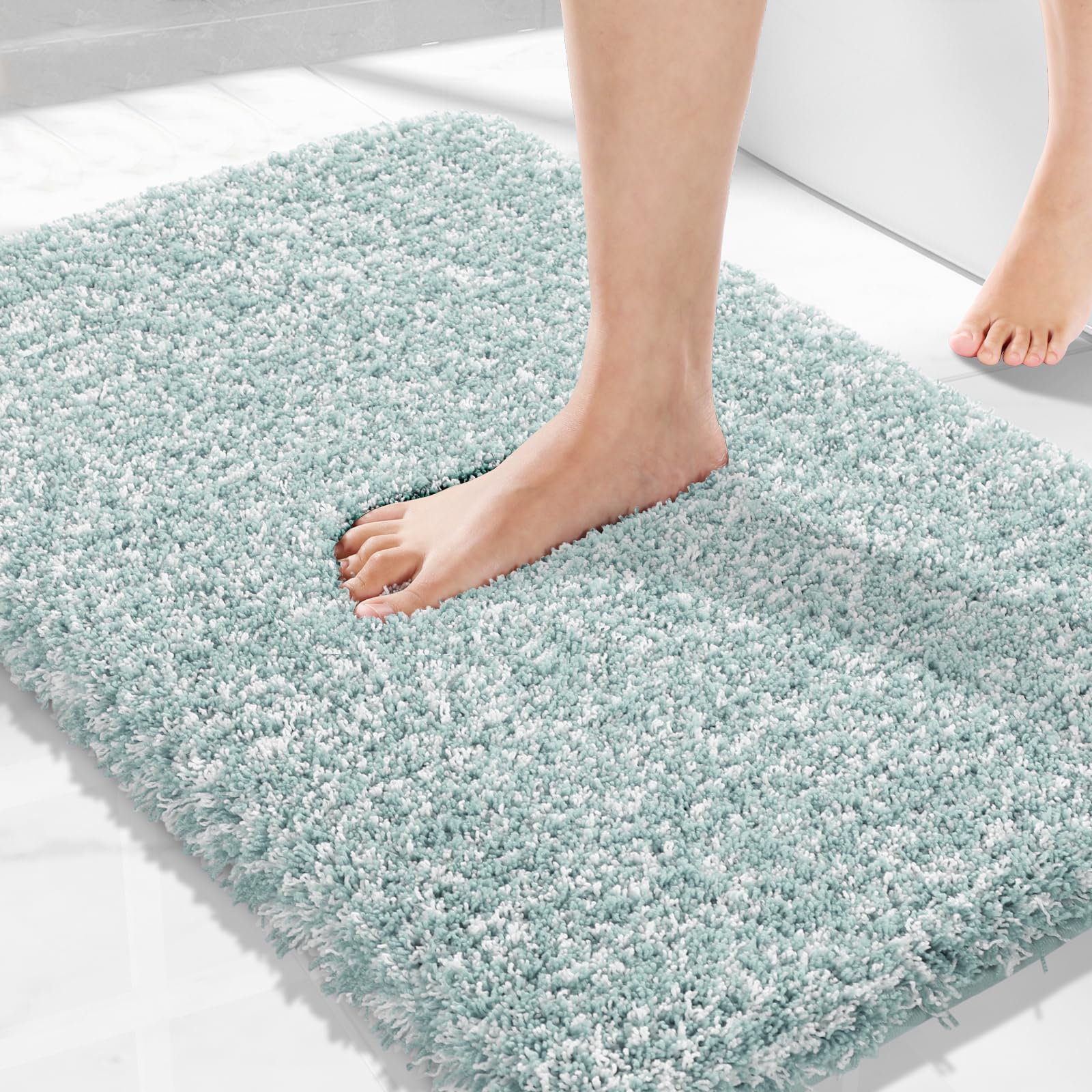 Photo 1 of Yimobra Bath Rugs for Bathroom 32x20, Ultra Soft and Water Absorbent Bath Mats, Non Slip Plush Shower Mat, Microfiber Thick Matts for Bathroom Floor/Tub, Machine Washable, Sky Light Blue and White
