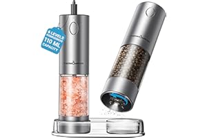 ThermoMaven Upgraded Larger Capacity Electric Salt and Pepper Grinder Set, 110ml Rechargeable Salt and Pepper Shaker with LED light, Stainless Steel Automatic Pepper Mill with 6 Adjustable Coarseness